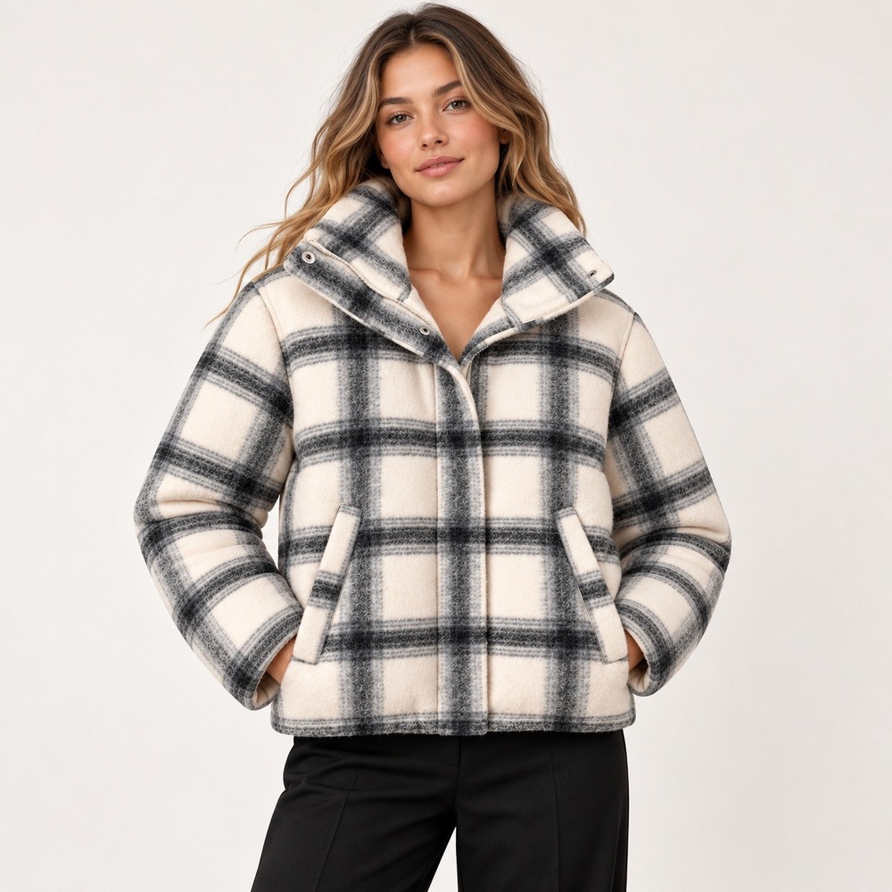 Abercrombie & Fitch Mini Puffer Plaid Jacket Womens M Cream Black Funnel Neck